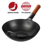 Small Yosukata 11,8-inch (30cm) Pre-Seasoned Black Carbon Steel Wok with Flat Bottom