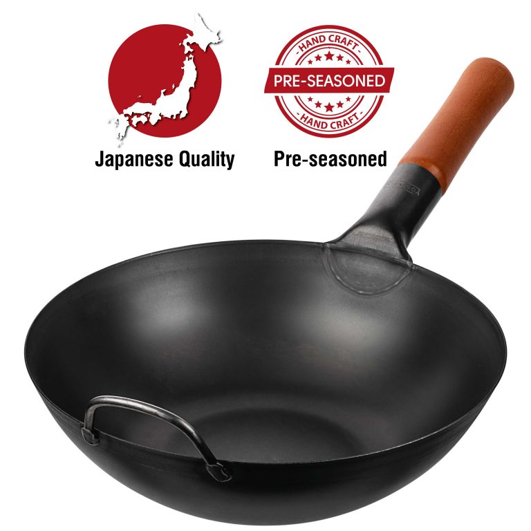 Yosukata 11,8-inch (30cm) Pre-Seasoned Black Carbon Steel Wok with Flat Bottom