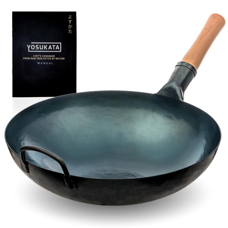 Yosukata Blue Carbon Steel Wok 14-inch+Wooden Wok Lid
