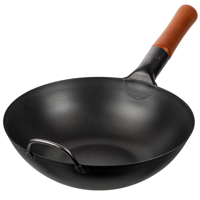 Yosukata 11,8-inch (30cm) Pre-Seasoned Black Carbon Steel Wok with Flat Bottom