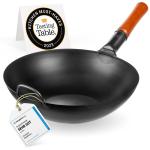 Small Yosukata 13,5-inch (34cm) Pre-Seasoned Black Carbon Steel Wok with Flat Bottom