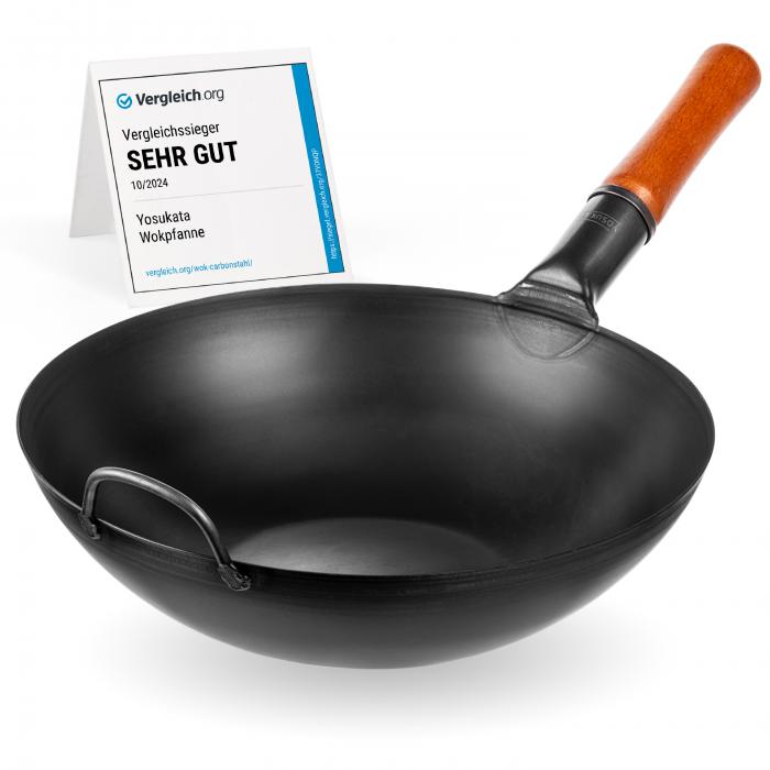 Yosukata 13,5-inch (34cm) Pre-Seasoned Black Carbon Steel Wok with Flat Bottom