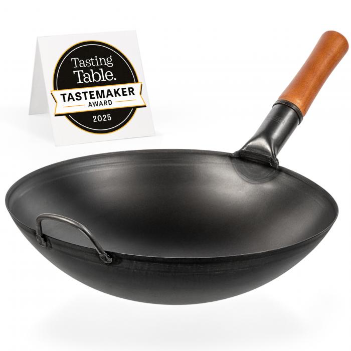14-inch (36cm) Pre-Seasoned Black Carbon Steel Wok with Round Bottom