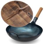Small Yosukata Blue Carbon Steel Wok 13,5-inch+Wooden Wok Lid