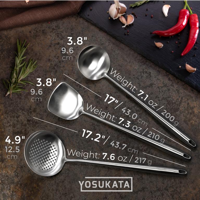 Yosukata Utensils Wok Set (17-inch Spatula & Ladle & Skimmer Stainless Steel)