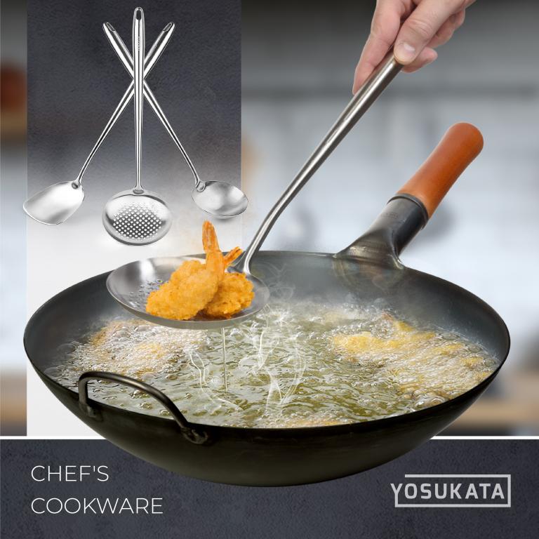 Yosukata Utensils Wok Set (17-inch Spatula & Ladle & Skimmer Stainless Steel)