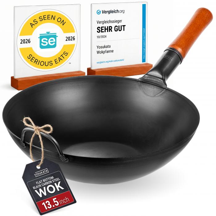 13,5-inch (34cm) Pre-Seasoned Black Carbon Steel Wok with Flat Bottom