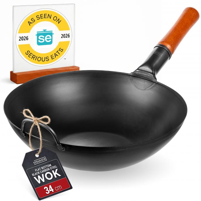 13,5-inch (34cm) Pre-Seasoned Black Carbon Steel Wok with Flat Bottom